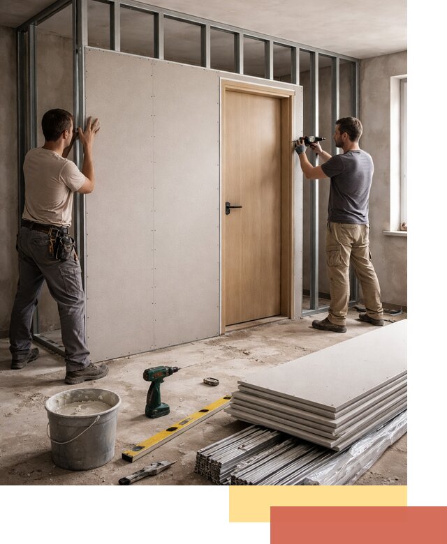 Перегородка из гипсокартона с дверью под ключ в Кандалакше