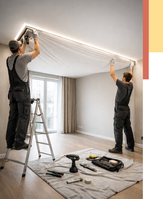 Монтаж парящего натяжного потолка в Кандалакше от 4546 руб. быстро и недорого | ОТДЕЛОЧНИК-Кнд