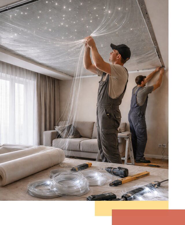 Монтаж натяжного потолка «Звездное небо» в Кандалакше