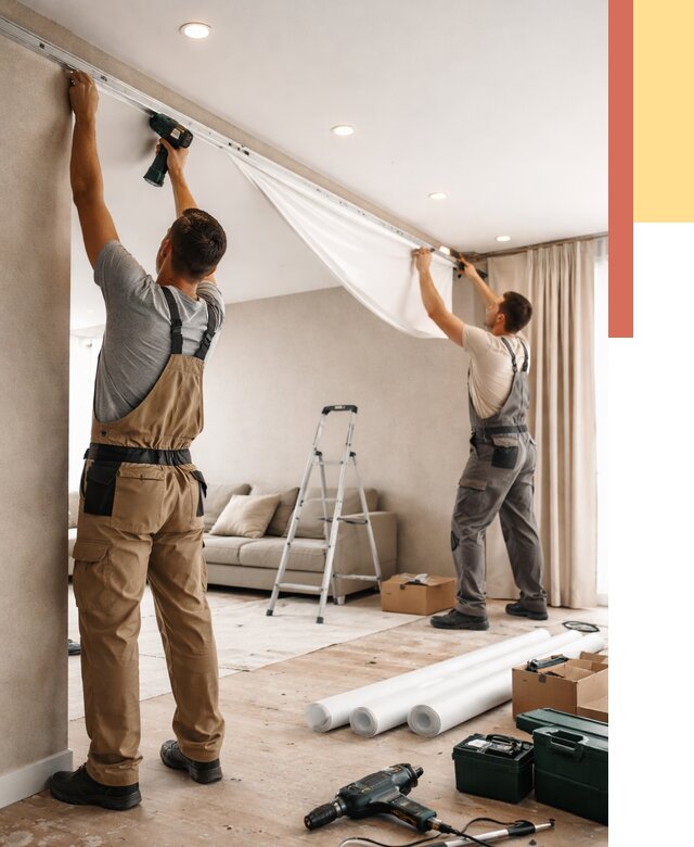 Монтаж натяжного потолка в гостиной в Кандалакше от 556 руб. | ОТДЕЛОЧНИК-Кнд