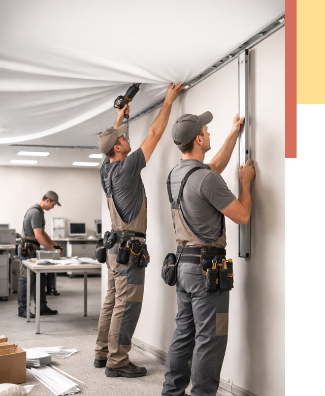 Монтаж натяжного потолка в офисе в Кандалакше от 455 руб/м² — быстро и недорого | ОТДЕЛОЧНИК-Кнд